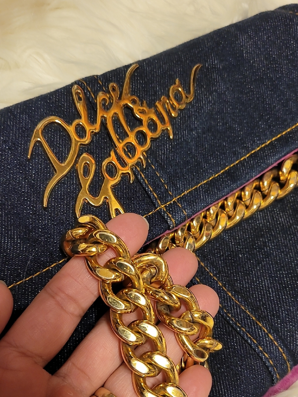 Dolce & Gabbana Navy Denim Clutch with Gold Logo Hardware - Picture 7 of 8